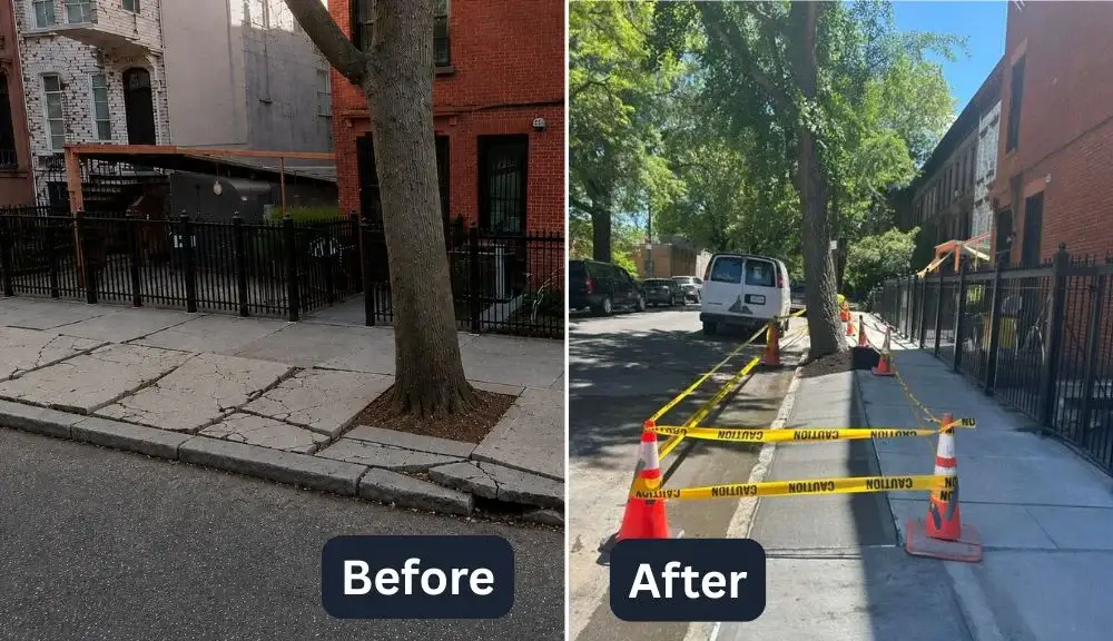 Completed sidewalk repair results at 32 Downing St, Brooklyn