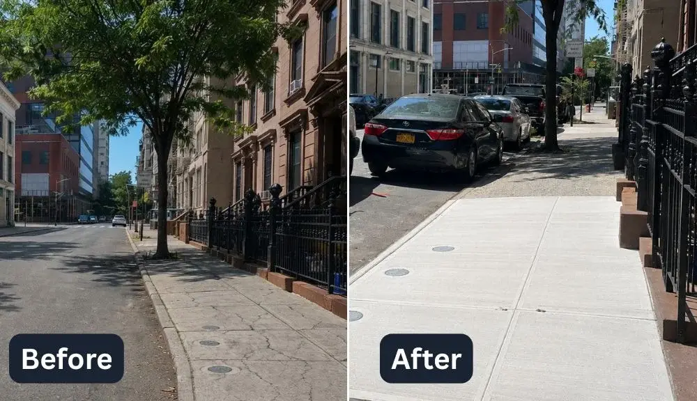 Completed sidewalk repair results at 67 W 126th St, Central Harlem